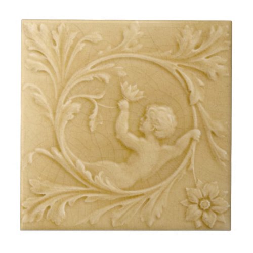 Repro Minton Faux Relief Putti Cream Victorian Ceramic Tile
