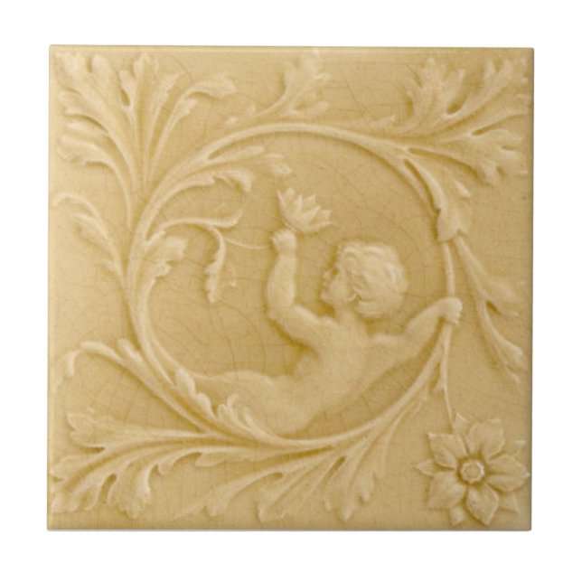 Repro Minton Faux Relief Putti Cream Victorian Ceramic Tile (Front)