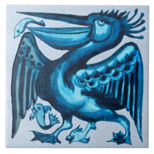 Repro of Original De Morgan Blue Pelican Bird Ceramic Tile