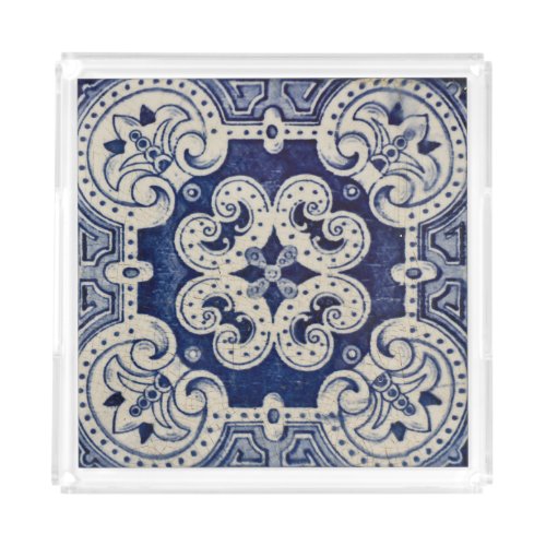 Repro Portuguese Blue Geometric Azulejos Floral  Acrylic Tray