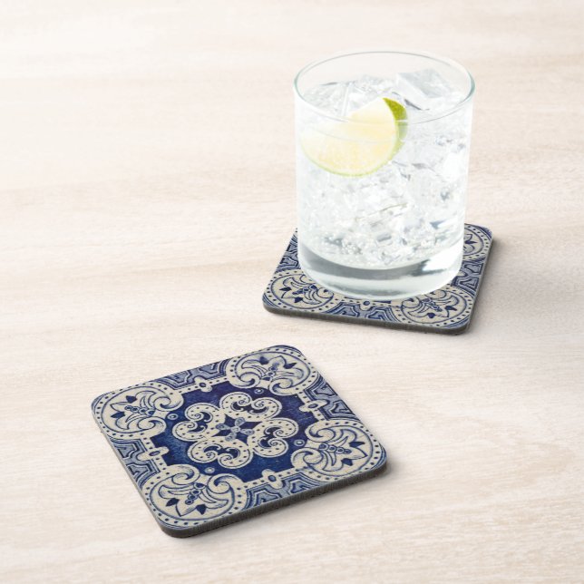 Repro Portuguese Blue Geometric Azulejos Floral Beverage Coaster (Right Side)