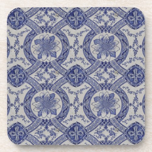 Repro Portuguese Blue Geometric Azulejos Floral  Beverage Coaster