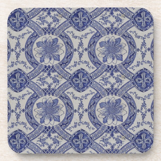Repro Portuguese Blue Geometric Azulejos Floral  Beverage Coaster (Front)