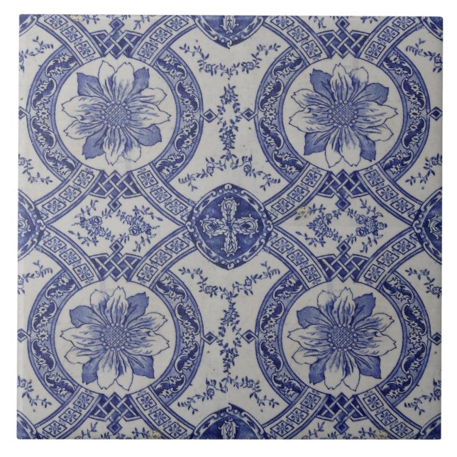 Repro Portuguese Blue Geometric Azulejos Floral Ceramic Tile (Front)