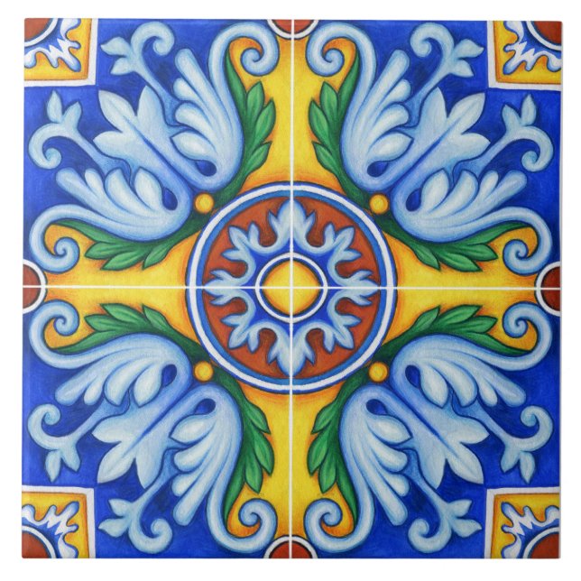 Repro Portuguese Blue Geometric Azulejos Floral  Ceramic Tile (Front)