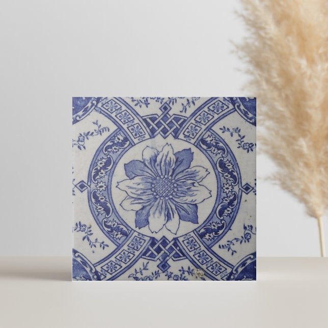 Repro Portuguese Blue Geometric Azulejos Floral Ceramic Tile (vintage Delft tiles floral blue and white )