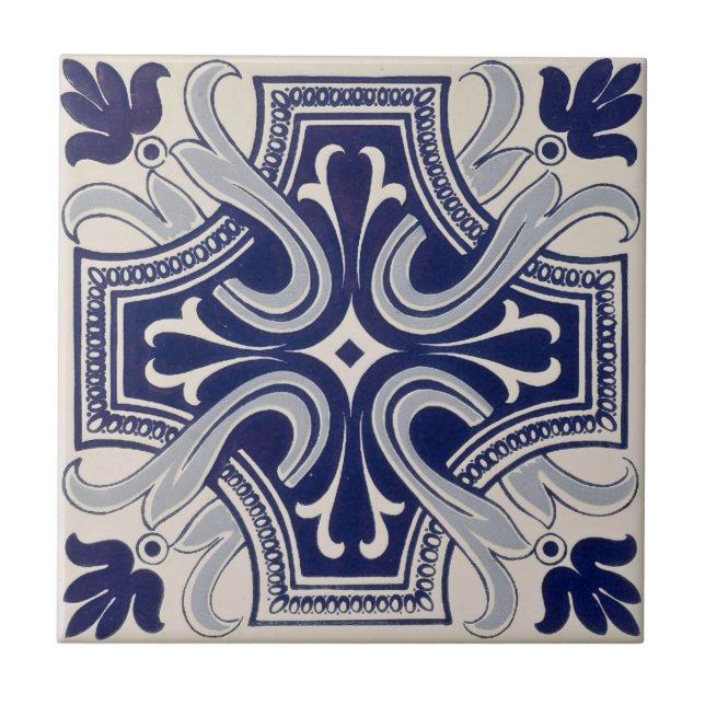 Repro Portuguese Blue Geometric Azulejos Floral Ceramic Tile (Front)