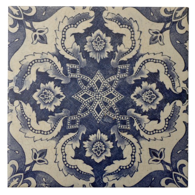 Repro Portuguese Blue Geometric Azulejos Floral Ceramic Tile (Front)