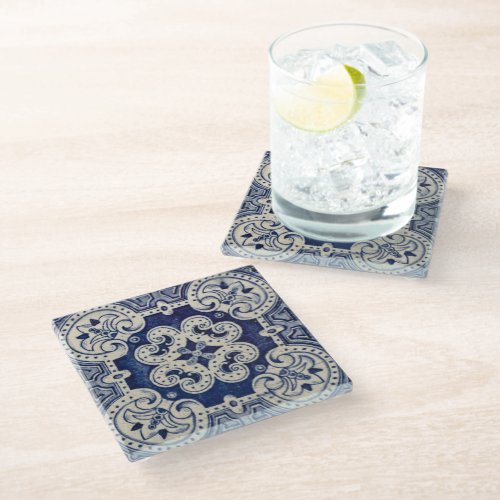 Repro Portuguese Blue Geometric Azulejos Floral Glass Coaster