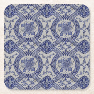 Repro Portuguese Blue Geometric Azulejos Floral Square Paper Coaster