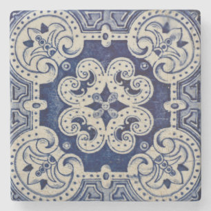Repro Portuguese Blue Geometric Azulejos Floral Stone Coaster