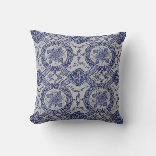 Repro Portuguese Blue Geometric Azulejos Floral Ti Throw Pillow