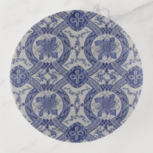 Repro Portuguese Blue Geometric Azulejos Floral Trinket Tray