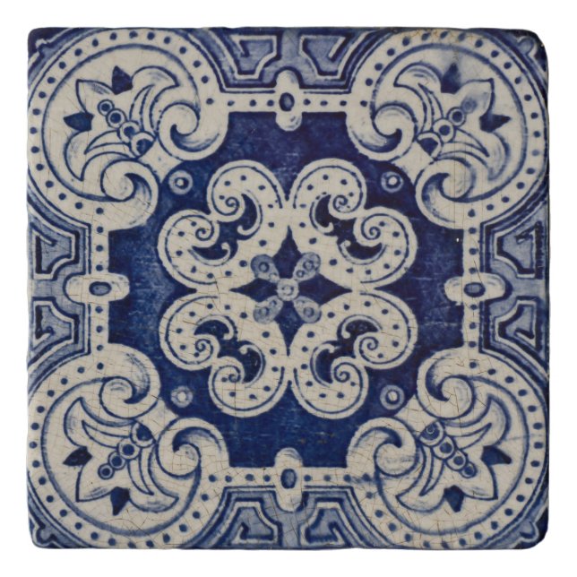 Repro Portuguese Blue Geometric Azulejos Floral  Trivet (Front)