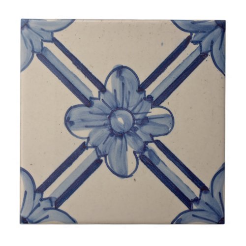 Repro Portuguese Blue Geometric Azulejos Flower Ceramic Tile