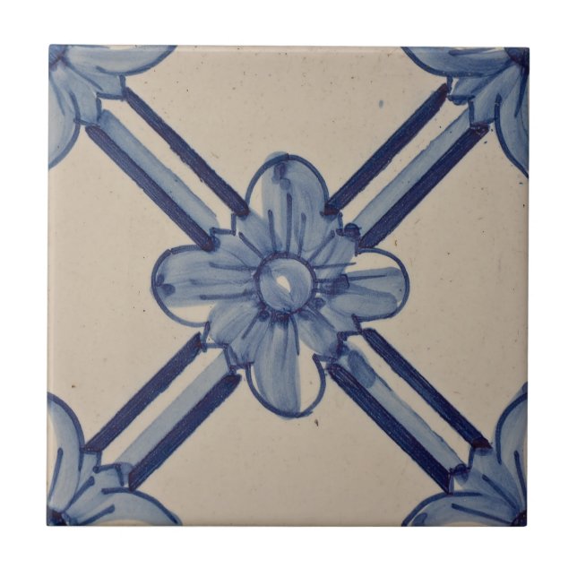 Repro Portuguese Blue Geometric Azulejos Flower Ceramic Tile (Front)