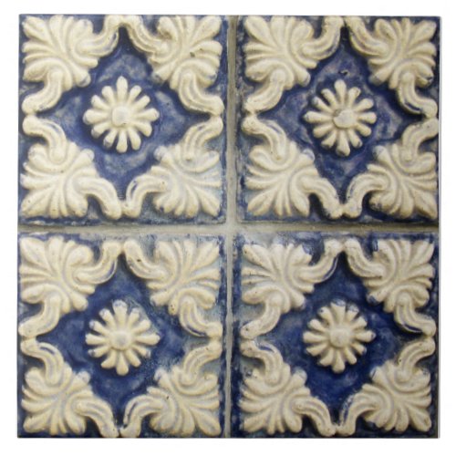 Repro Portuguese Faux Relief Blue Floral Tile