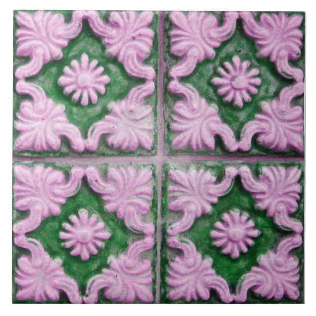 Repro Portuguese Faux Relief Green Floral Tile (Front)