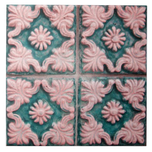 Repro Portuguese Faux Relief Red Green Floral Tile