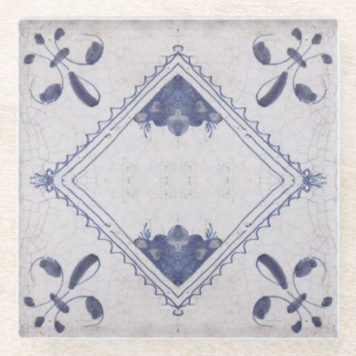 Repro Portuguese Floral Blue Azulejos Tile Glass Coaster