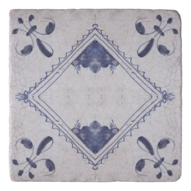 Repro Portuguese Floral Blue Azulejos Tile Trivet (Front)