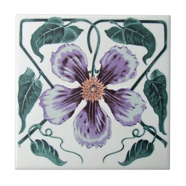 Repro Purple Clematis German Art Noveau Ceramic Tile (Front)