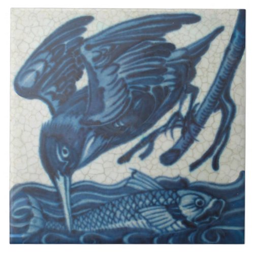 Repro Rare De Morgan Blue Fishing Kingfisher Ceramic Tile