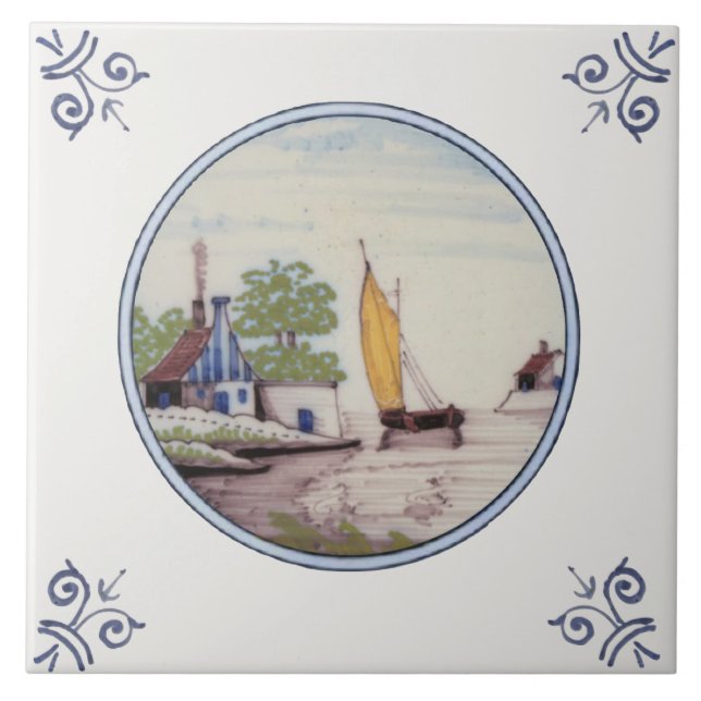 Repro Scenic Delft Polychrome Sailboat, House Ceramic Tile (Front)