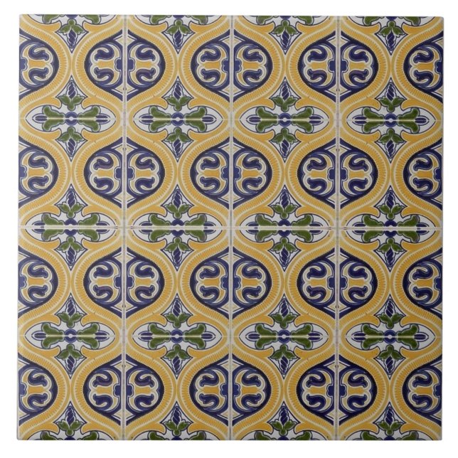 Repro Spanish Geometric Azulejos Blue Yellow Tile (Front)