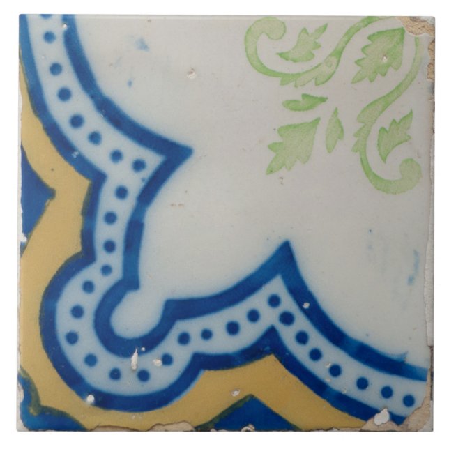 Repro Spanish Geometric Azulejos Blue Yellow Tile (Front)