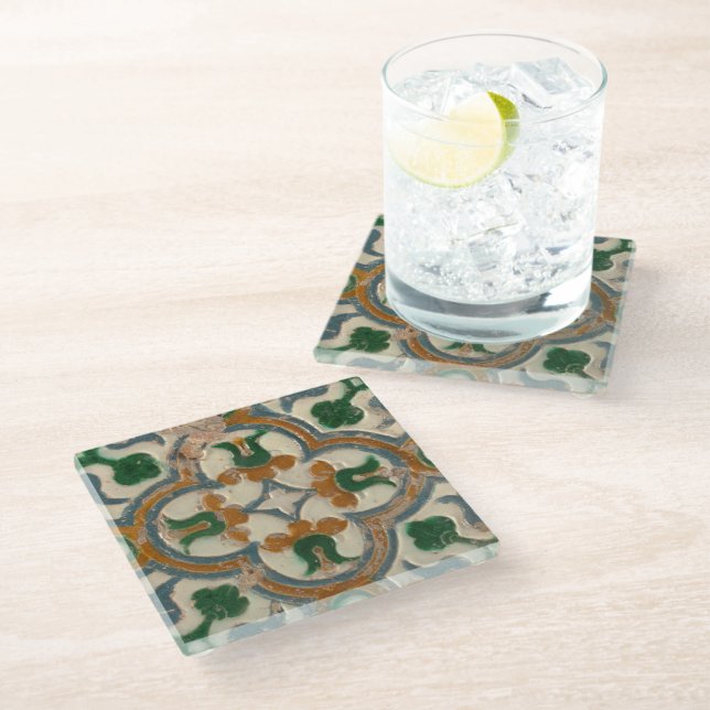 Repro Spanish Geometric Azulejos Floral Glass Coaster (Angled)