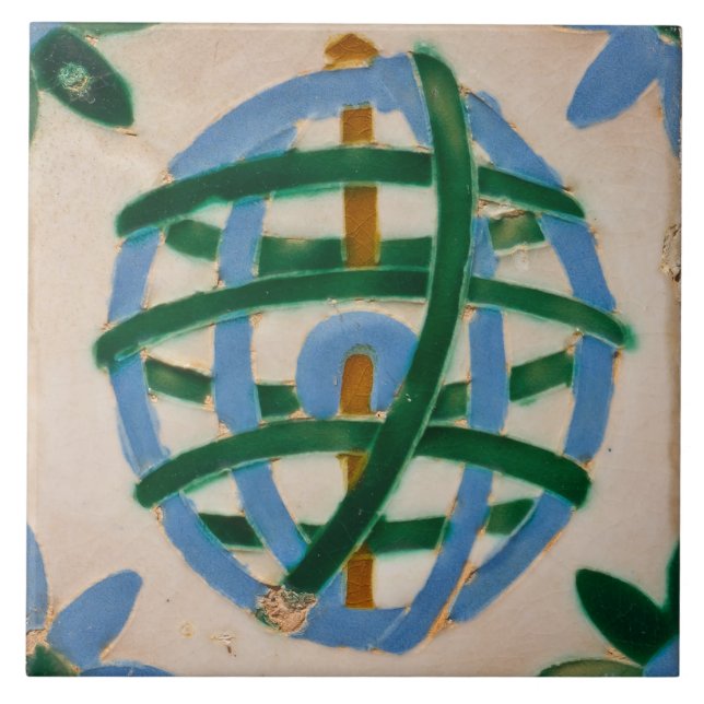Repro Spanish Geometric Azulejos Green Blue Ceramic Tile (Front)