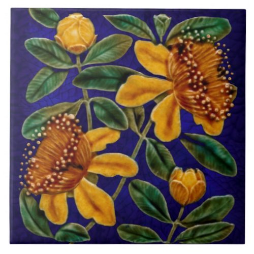 Repro Stunning Vibrant Floral Faux Relief Majolica Ceramic Tile