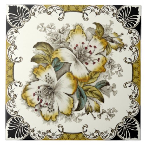 Repro Stunning Victorian Black White Gold Floral Ceramic Tile