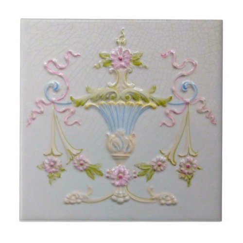 Repro Sweet Victorian Pastel Urn Flowers Majolica Ceramic Tile