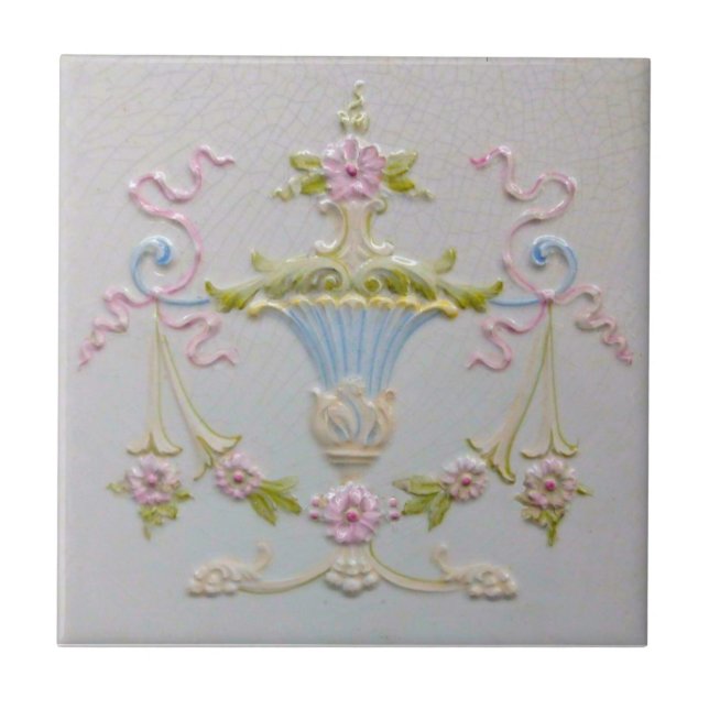 Repro Sweet Victorian Pastel Urn Flowers Majolica Ceramic Tile (Front)