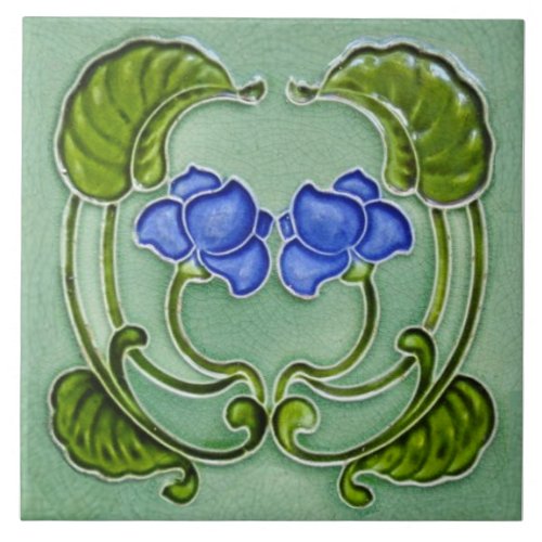Repro Symmetrical Art Nouveau Blue Green Floral Ceramic Tile