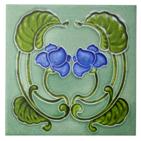 Repro Symmetrical Art Nouveau Blue Green Floral Ceramic Tile | Zazzle.com
