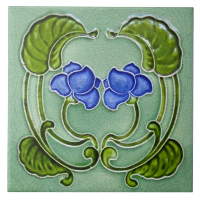 Repro Symmetrical Art Nouveau Blue Green Floral Ceramic Tile (Front)