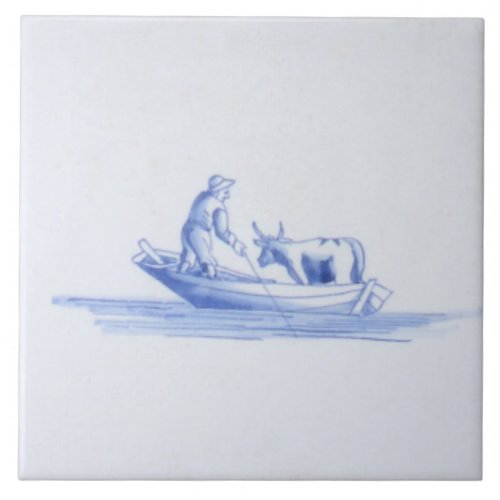 Repro Traditional Fisherman on Boat Delft Tile