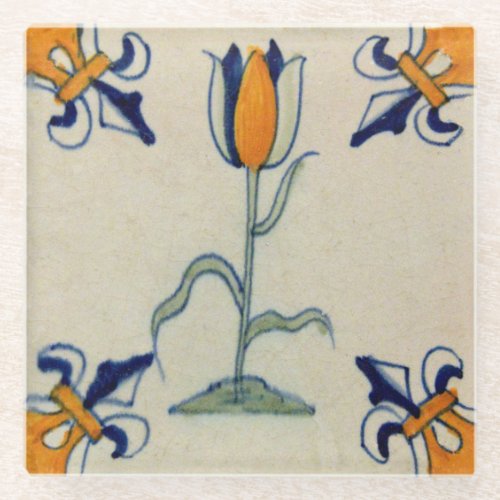 Repro Traditional Yellow Tulip Delft Tile Glass Coaster