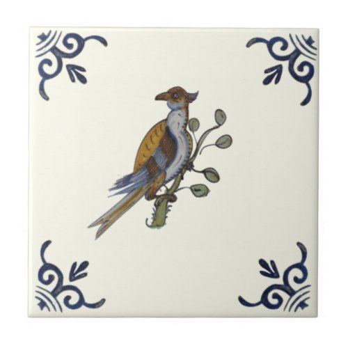 Repro Unusual Antique Handpainted Bird on Branch Ceramic Tile