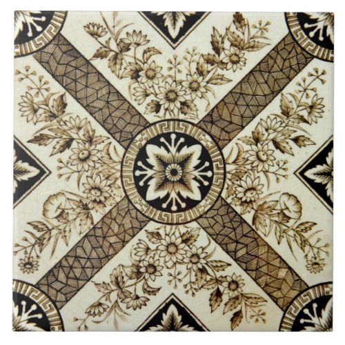 Repro Victorian 1880s Sepia Geometric Floral Ceramic Tile