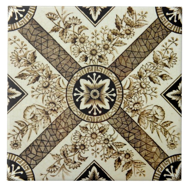 Repro Victorian 1880s Sepia Geometric Floral Ceramic Tile (Front)