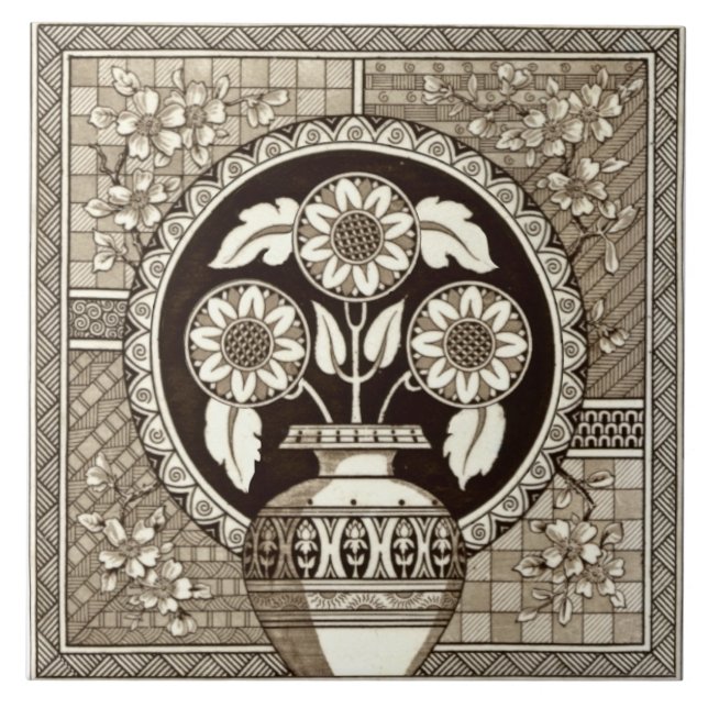 Repro Victorian Aesthetic Vase of Sunflowers Sepia Ceramic Tile (Front)