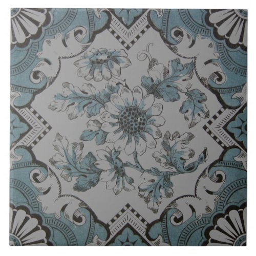 Repro Victorian Aqua Blue Floral Transferware Ceramic Tile