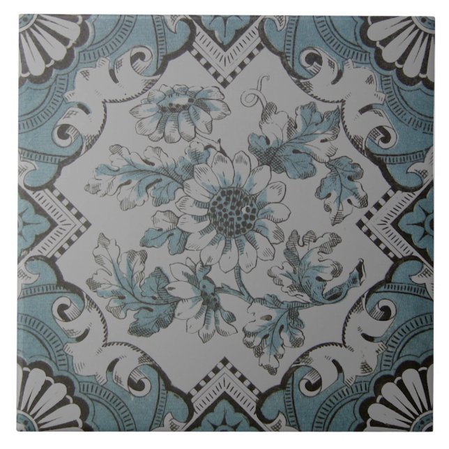 Repro Victorian Aqua Blue Floral Transferware Ceramic Tile (Front)