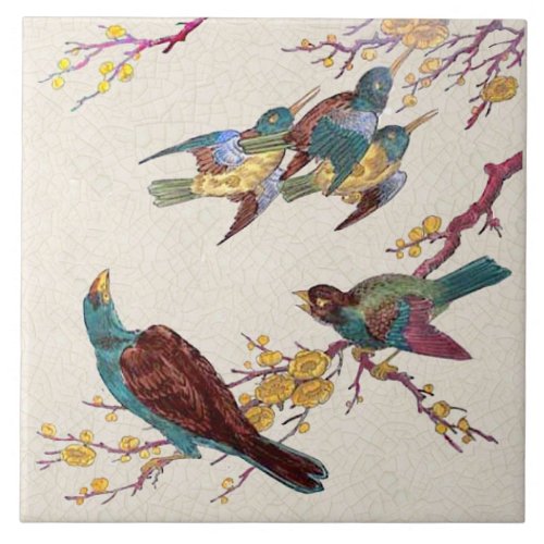 Repro VIctorian Birds  Blossoms Hand Colored Ceramic Tile