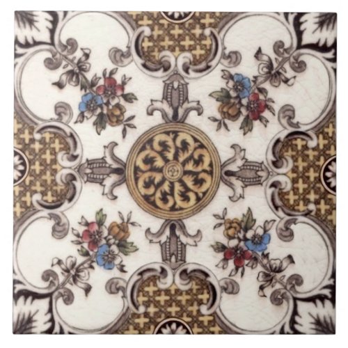 Repro Victorian English Quatrefoil Floral Transfer Ceramic Tile