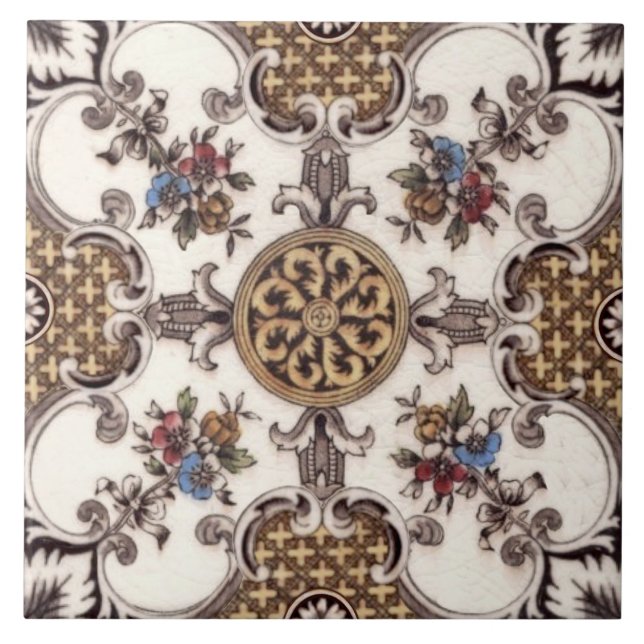 Repro Victorian English Quatrefoil Floral Transfer Ceramic Tile (Front)